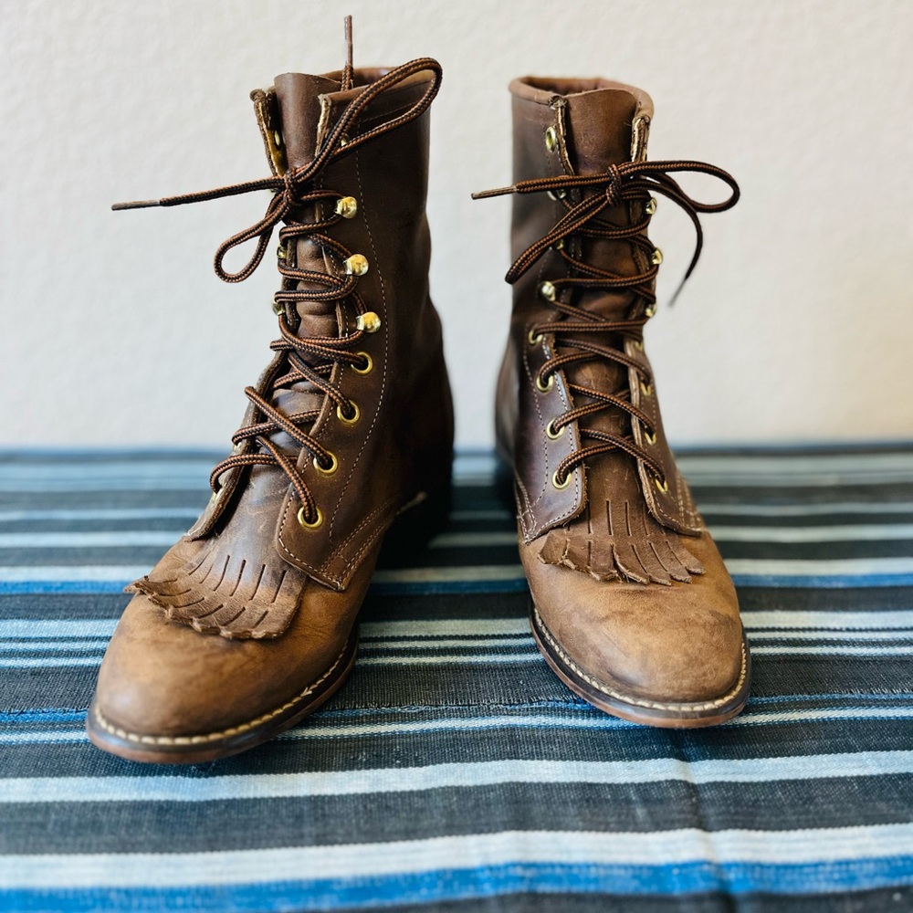 Laredo Brown Leather Kilty Lace Up Boots women’s 6 1/2